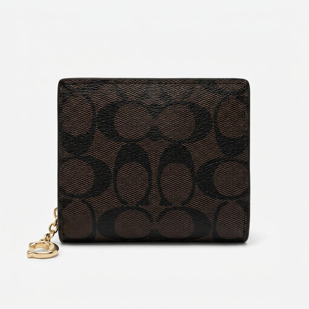 Coach Signature Canvas Signature Medium Corner Zip Wallet (Dark Brown / Black) #0015