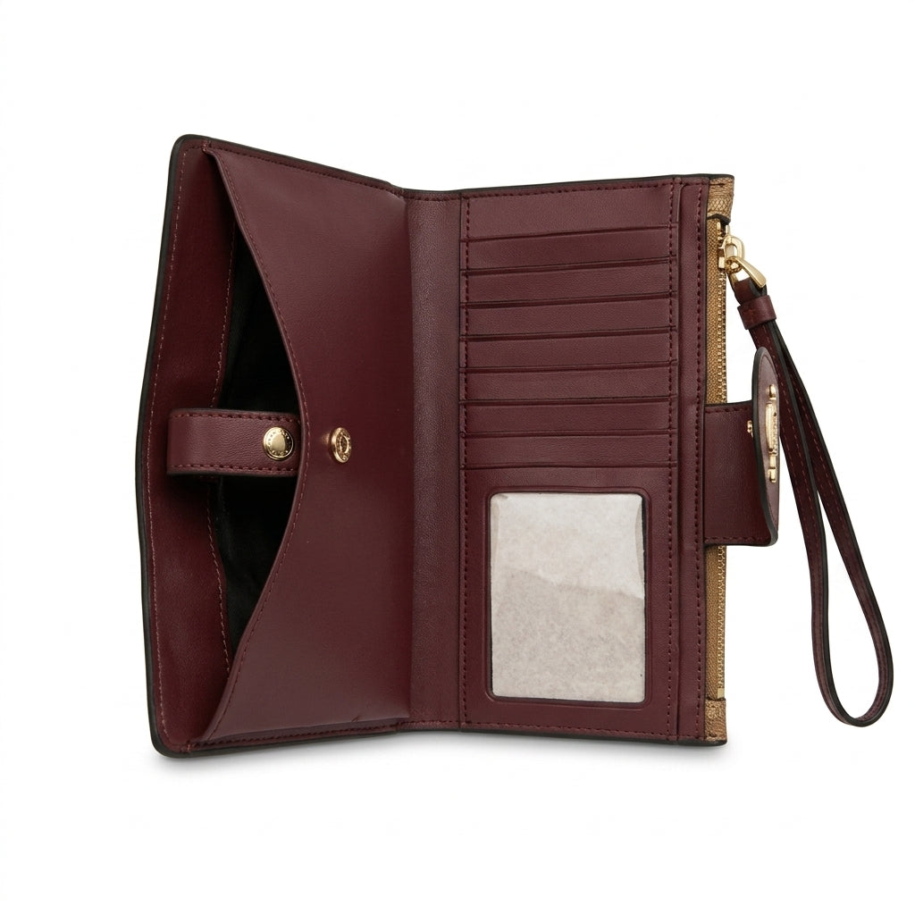 Coach Signature Monogram & Burgundy Leather Women's Wallet with Wristlet #0005