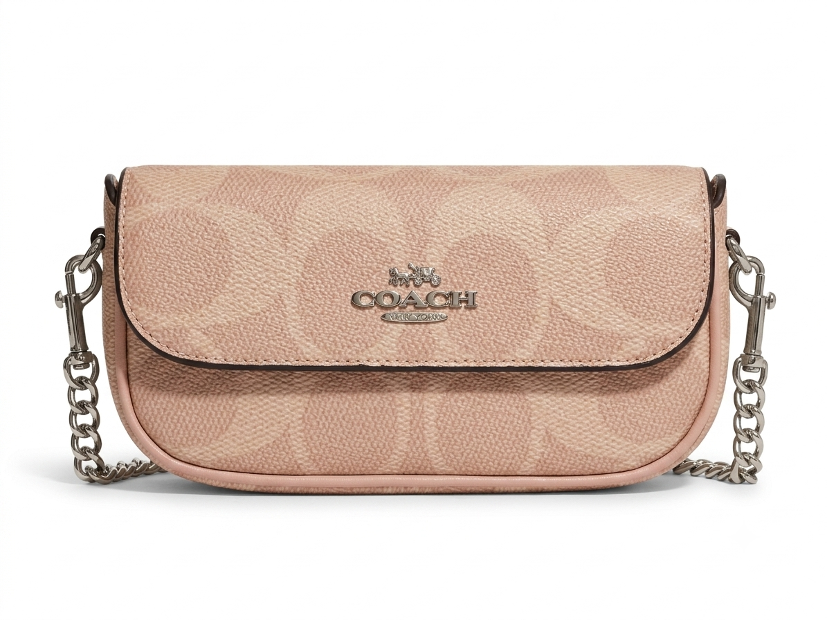 COACH Women's Monogram Pattern Crossbody Bag With Silver Chain Detail #0064