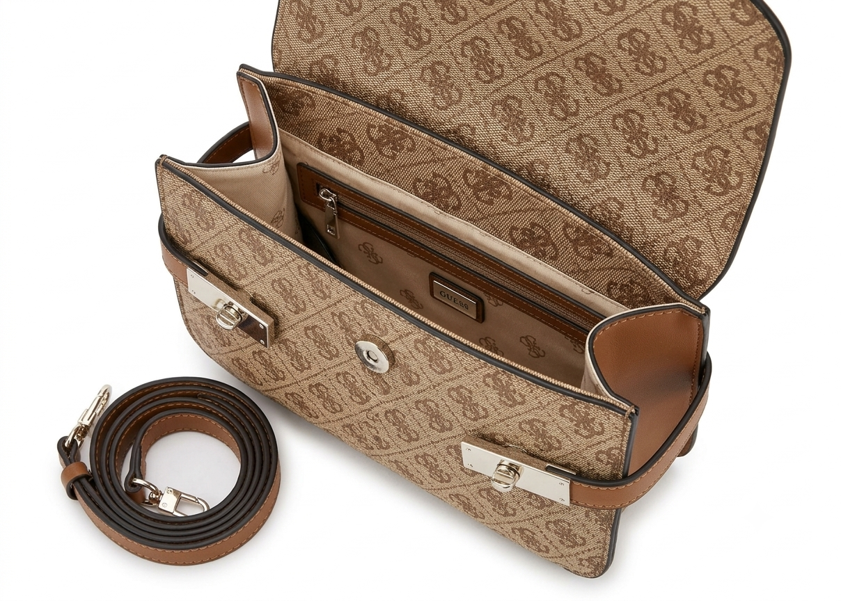 Guess Logo Top Handle Bag with Shoulder Strap - Classic Brown #0198