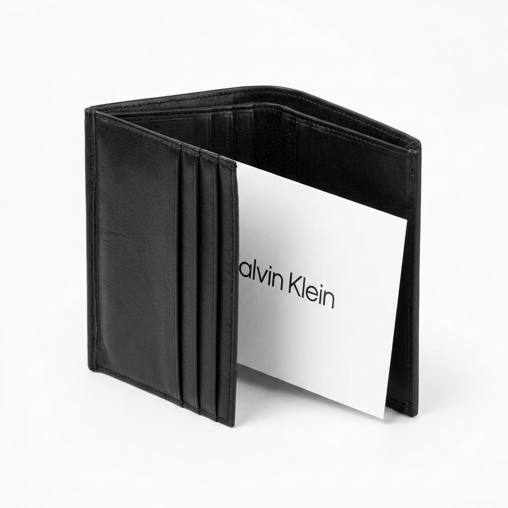 Calvin Klein Men's Premium Black Leather Wallet – Embossed Logo Bi-Fold / Passcase #0001