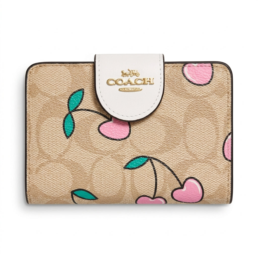 Coach Medium Corner Zip Wallet in Signature Canvas with Cherry Print #0016