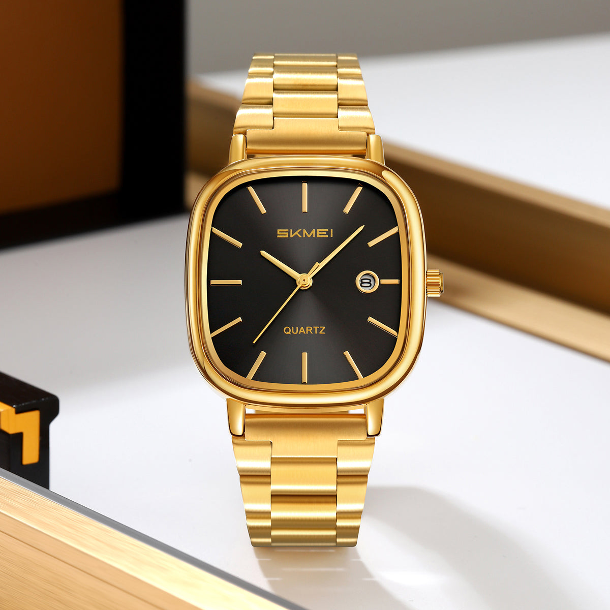 SKMEI 2551 Men's Quartz Watch – Gold Stainless Steel with Elegant Black Square Dial