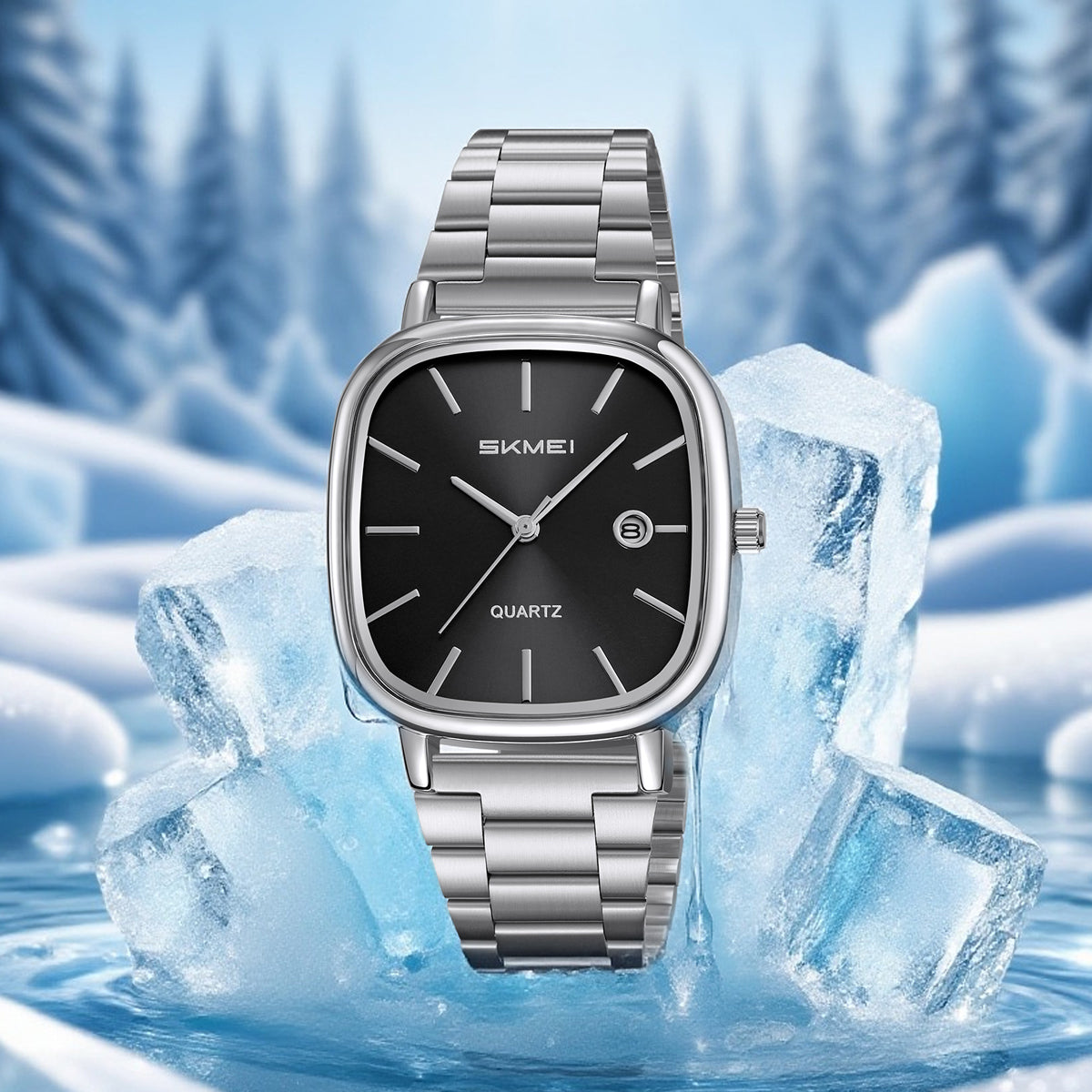 SKMEI 2551 Men’s Quartz Watch – Stainless Steel Bracelet, Black Dial, Silver Case