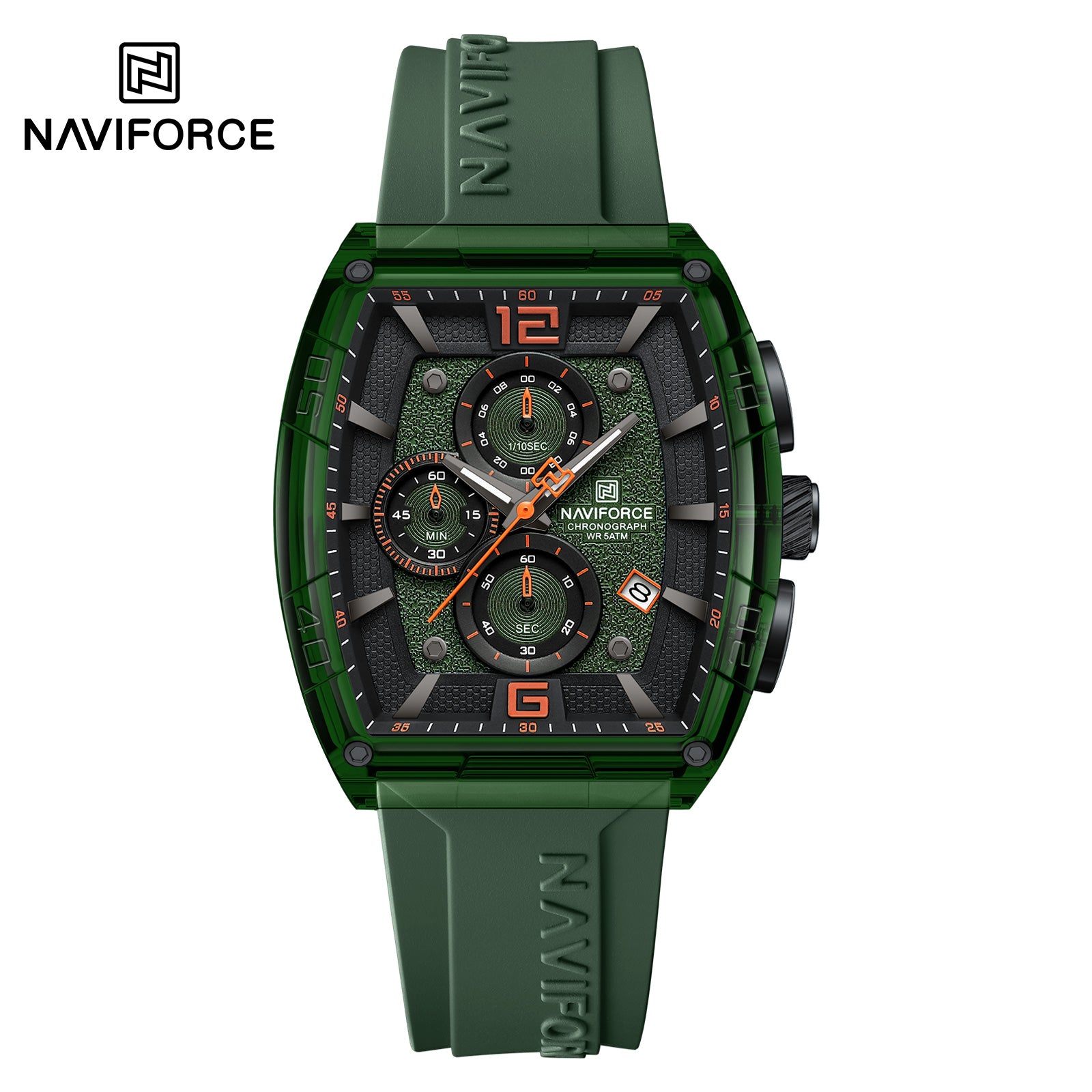 Naviforce NF6101-GN-O-GN Men’s Square Quartz Watch – Green Dial, Silicone Strap, 50M Water Resistance