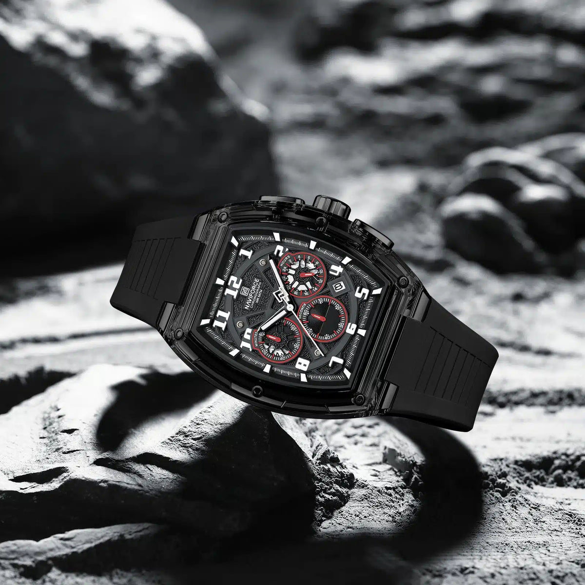 NAVIFORCE NF6118 Men's Chronograph Sports Watch with Black & Red Silicone Strap