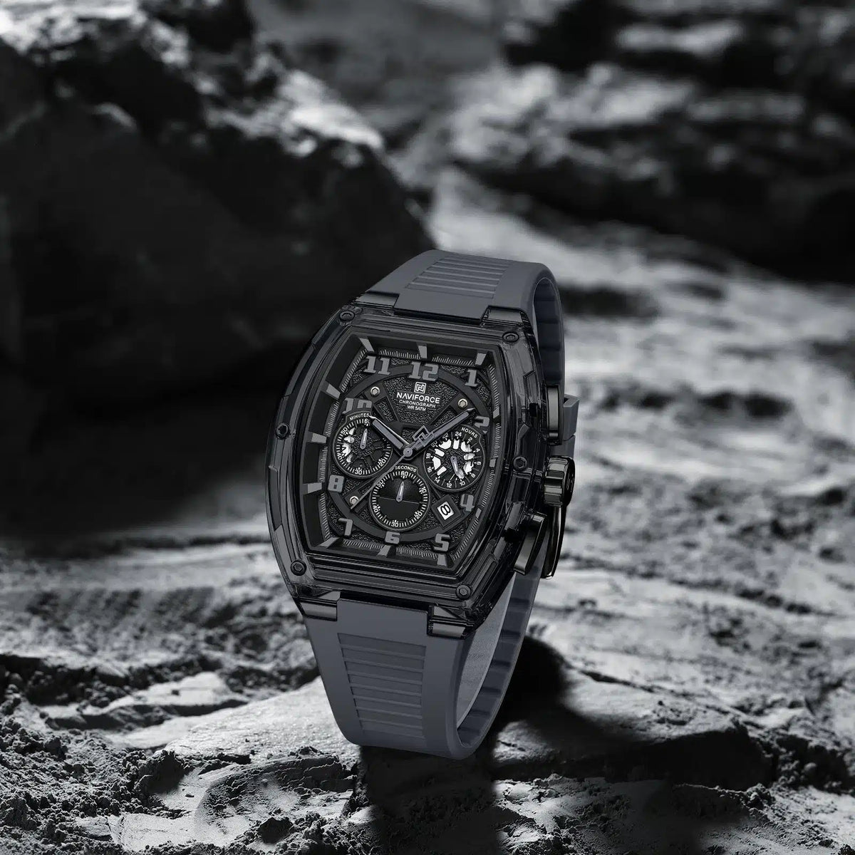 NAVIFORCE NF6118 Men's Multifunctional Chronograph Watch with Grey Silicone Strap, 5ATM Water Resistant