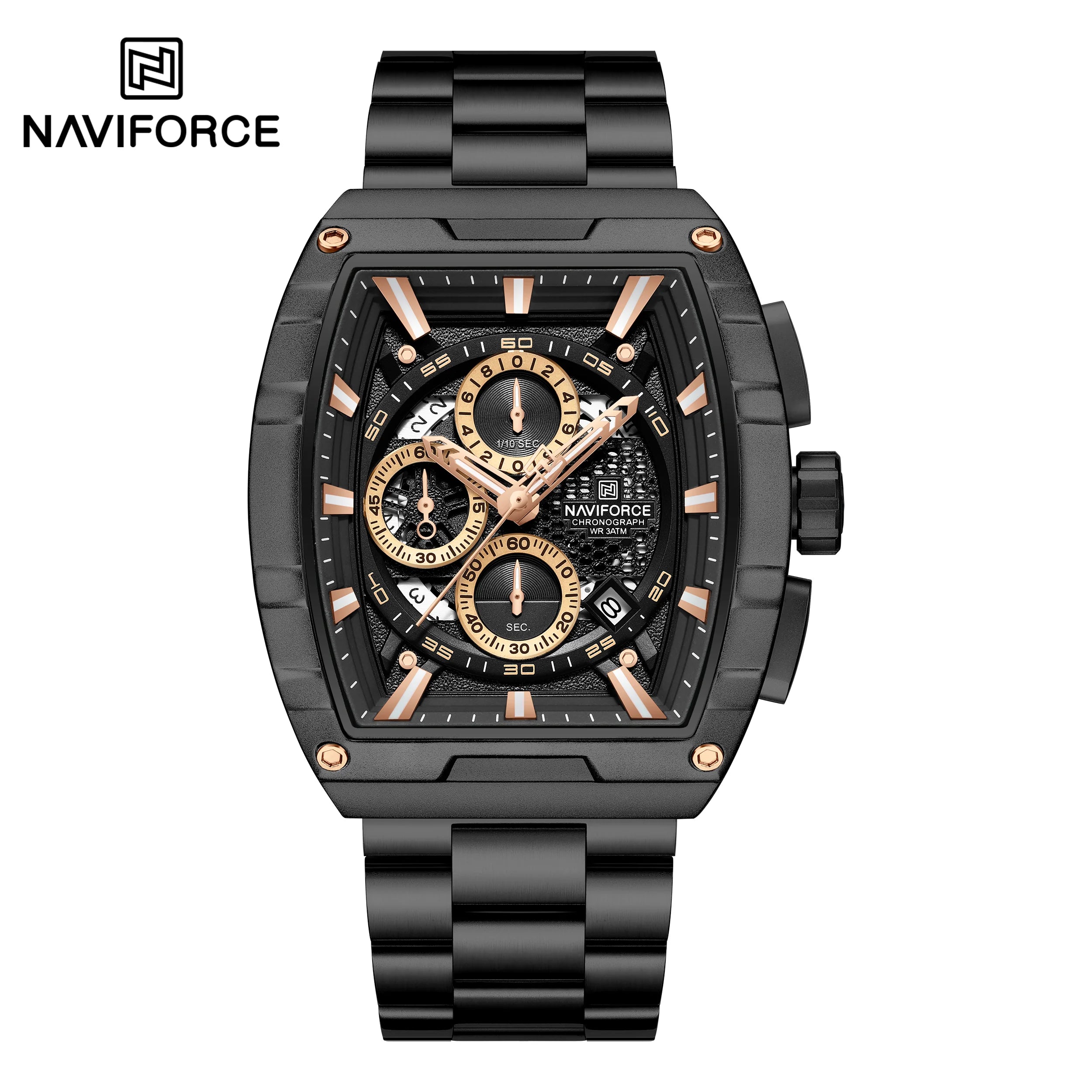 Naviforce NF8066-B-RG-B Men’s Analog Square Watch with Black / Roes Gold Dial & Stopwatch
