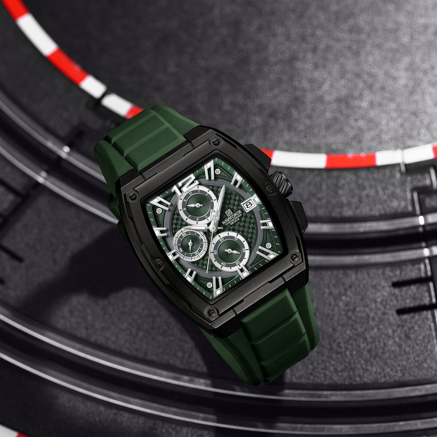 NAVIFORCE NF8050 B GN/GN Barrel-Shaped Case Waterproof Luminous Quartz Multifunction Men’s Watch