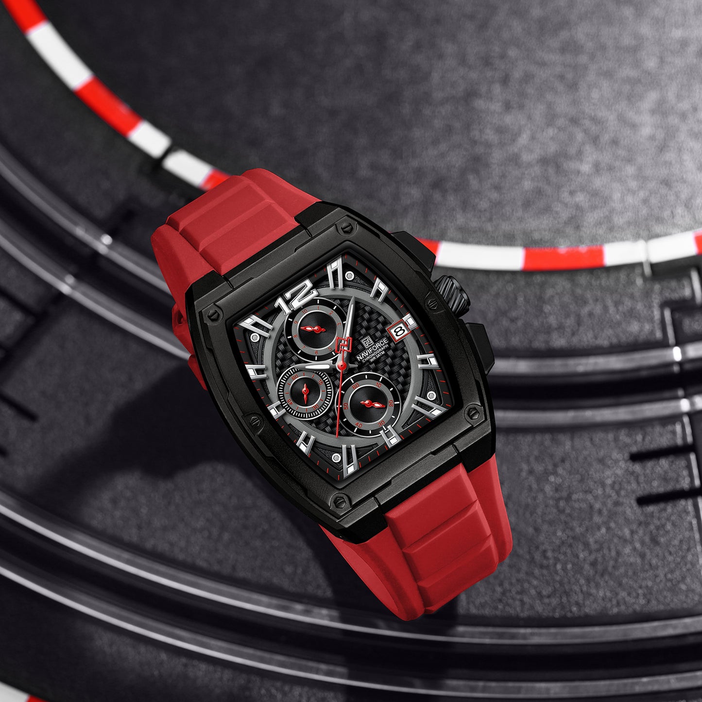 NAVIFORCE NF8050 B/B/R Barrel-Shaped Case Waterproof Luminous Quartz Multifunction Men’s Watch