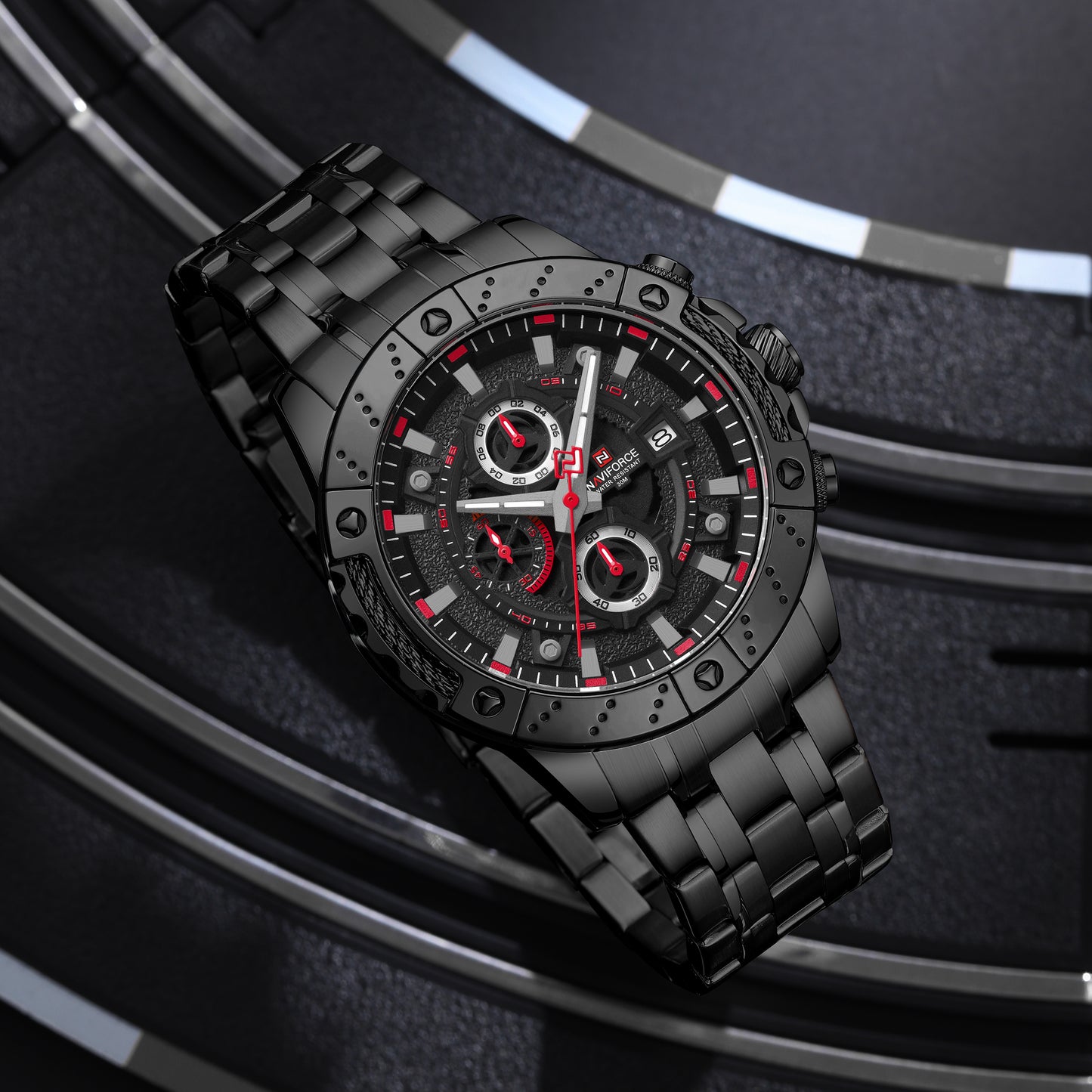 NAVIFORCE NF9227 B/R/B Hollow Mechanical Style Men’s Watch Trendy Fashion Waterproof Sports Luminous Wristwatch Gift for Boyfriend