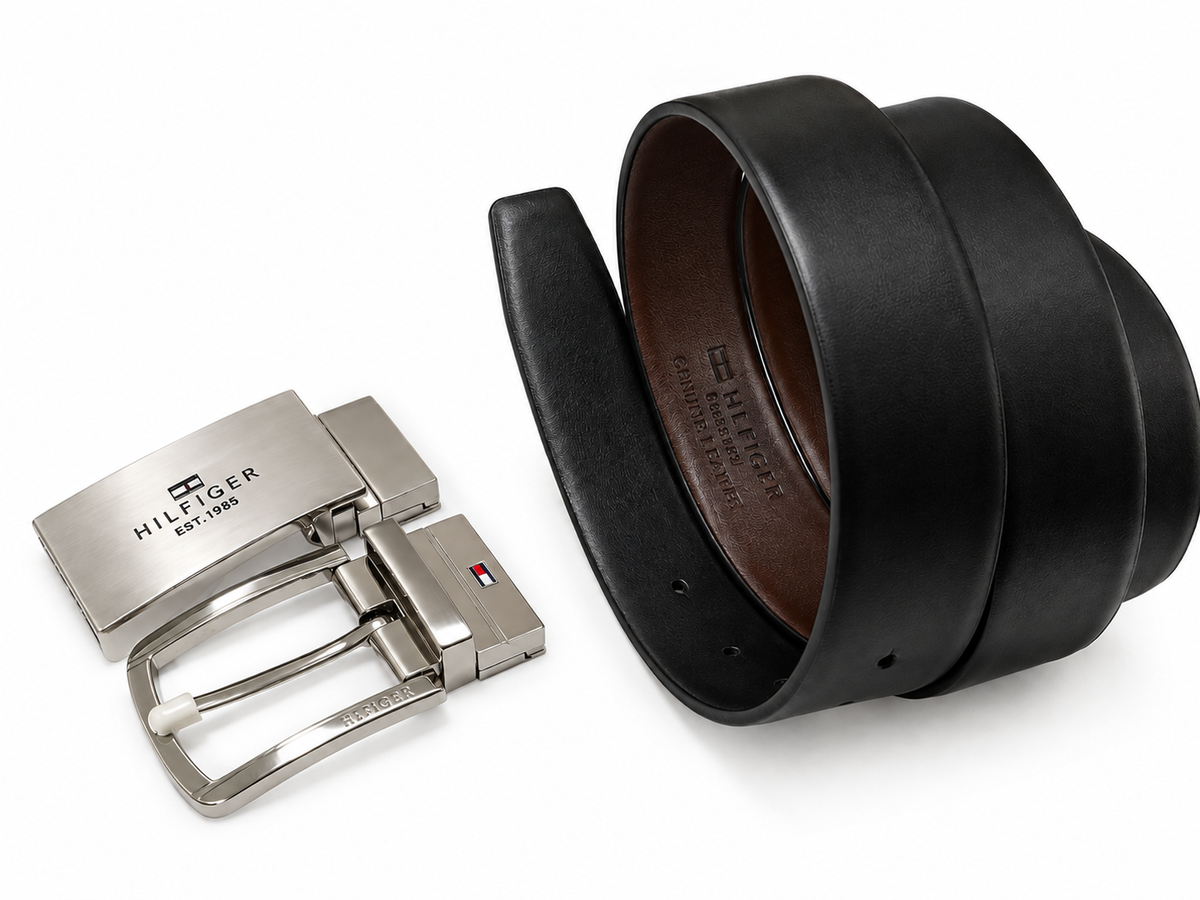 Tommy Hilfiger Men's Reversible Genuine Leather Belt Set with 2 Interchangeable Buckles #01
