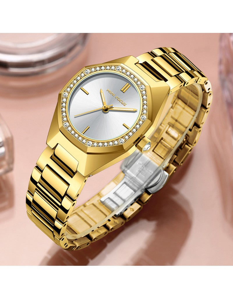 Mini Focus MF0433L.03 Women’s Round Stainless Steel Watch – Japanese Quartz, Crystal Bezel, 3ATM