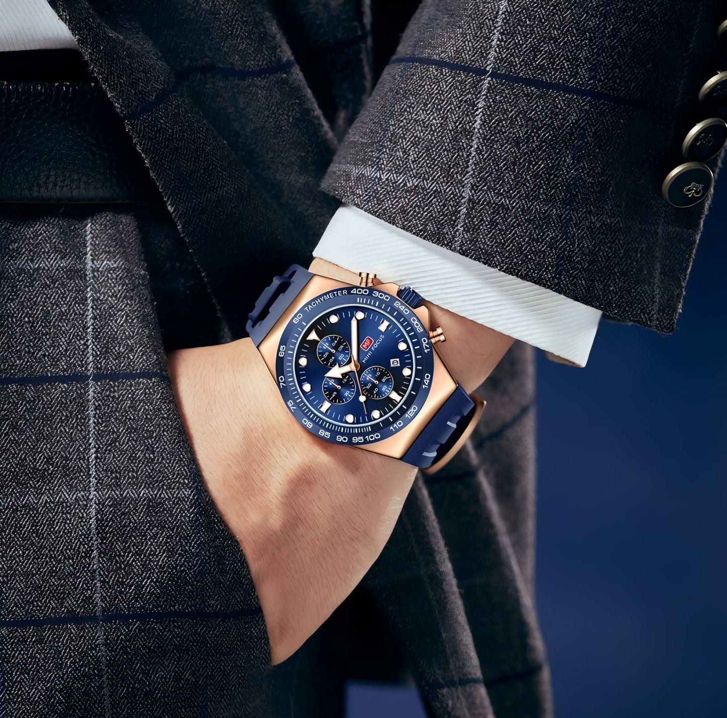 Mini Focus Watch with Blue Dial & Rose Gold Case For Men MF0488G