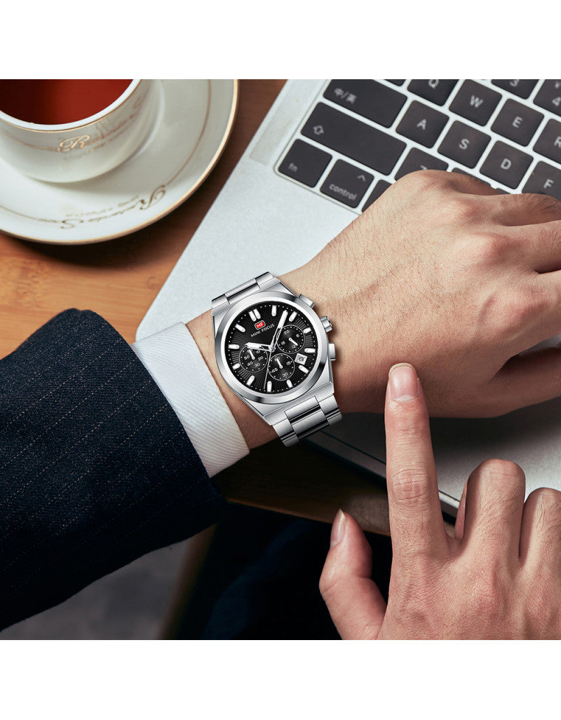 Mini Focus Men’s Stainless Steel Quartz Watch – 42mm Chronograph Style, Black Dial