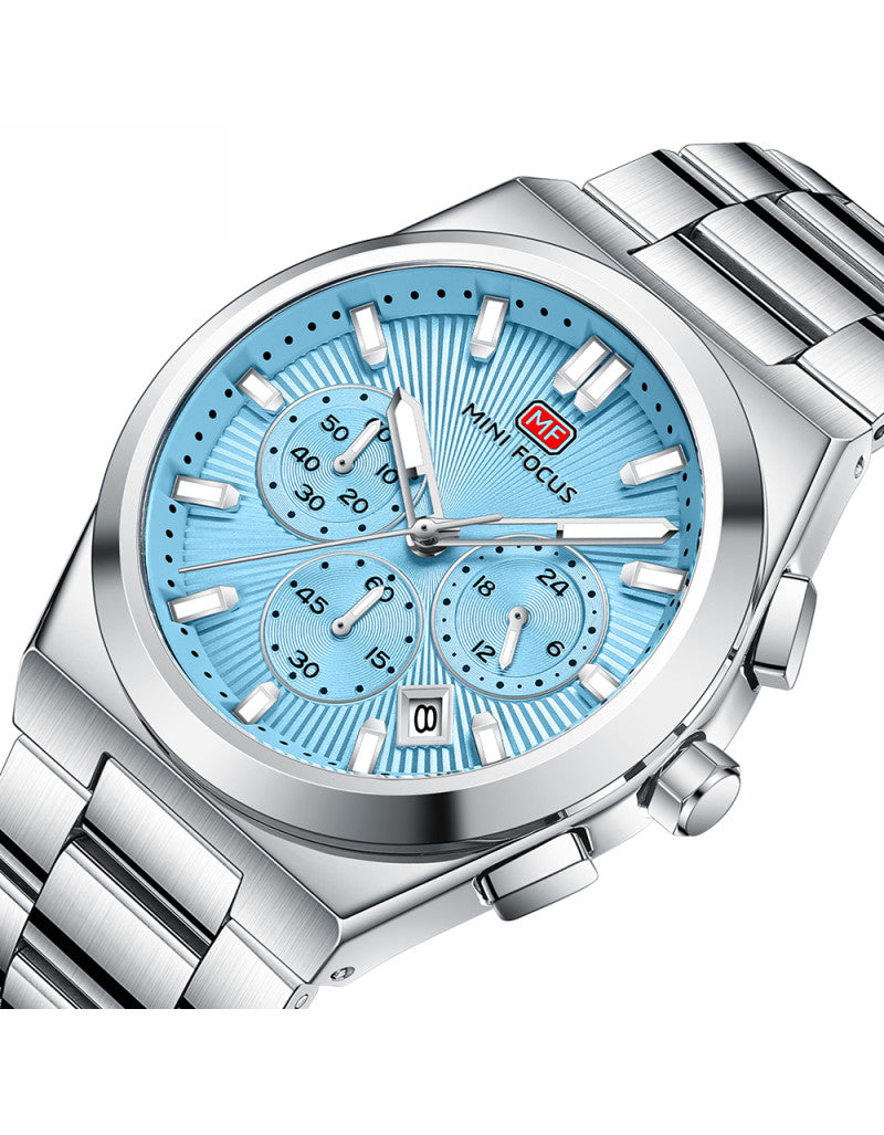 Mini Focus Men’s Stainless Steel Quartz Watch – 42mm Chronograph Style, Light Blue Dial