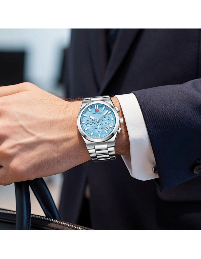 Mini Focus Men’s Stainless Steel Quartz Watch – 42mm Chronograph Style, Light Blue Dial