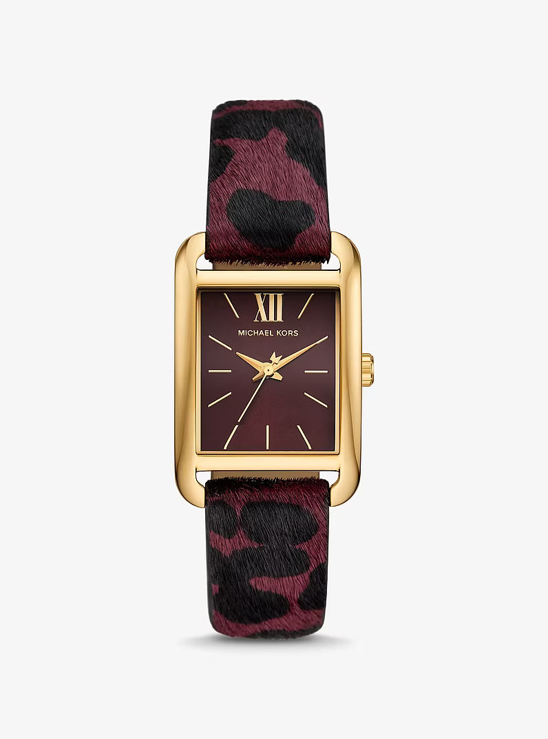 Michael Kors Monroe MKO1116 Women’s Gold-Tone Rectangular Watch with Burgundy Leopard Strap