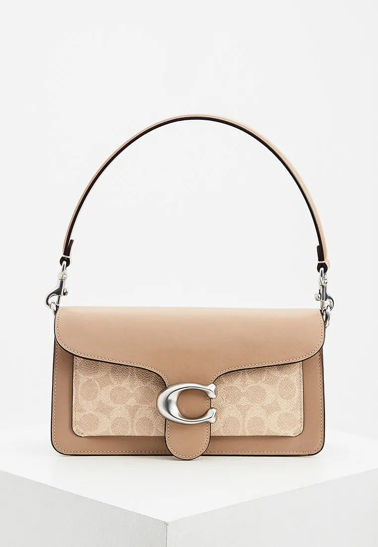 Women's Elegant Leather Shoulder Bag with Metal C Clasp - Beige/Nude #0066