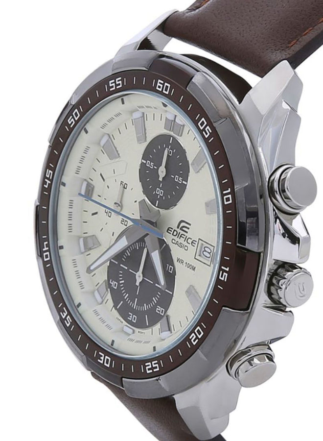 Casio Edifice EFR-539L-7BVUDF Men's Chronograph Quartz Watch, 54.1 mm, White & Black Dial, Brown Leather Strap, 100M Water Resistant