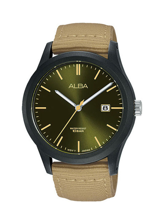 Alba AS9K27X1 Men’s Analog Sports Watch – Green Dial, Khaki Nylon Strap, Quartz Movement, 42mm, 100M Water Resistant