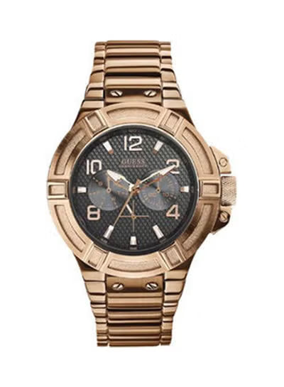 GUESS Rigor Men's Chronograph Watch W0218G3 with Black Dial, Gold-Tone Stainless Steel Bracelet – 45mm