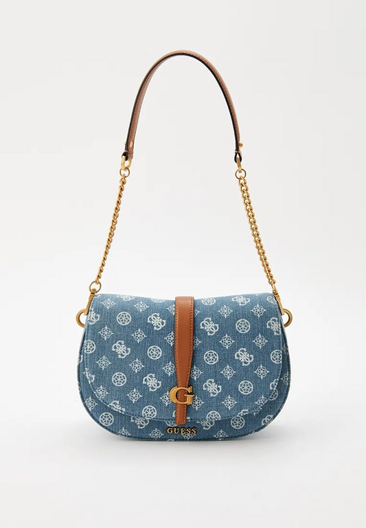 GUESS Denim Shoulder Bag – Blue Quilted Denim with Gold Hardware