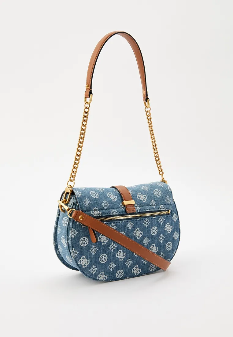 GUESS Denim Shoulder Bag – Blue Quilted Denim with Gold Hardware