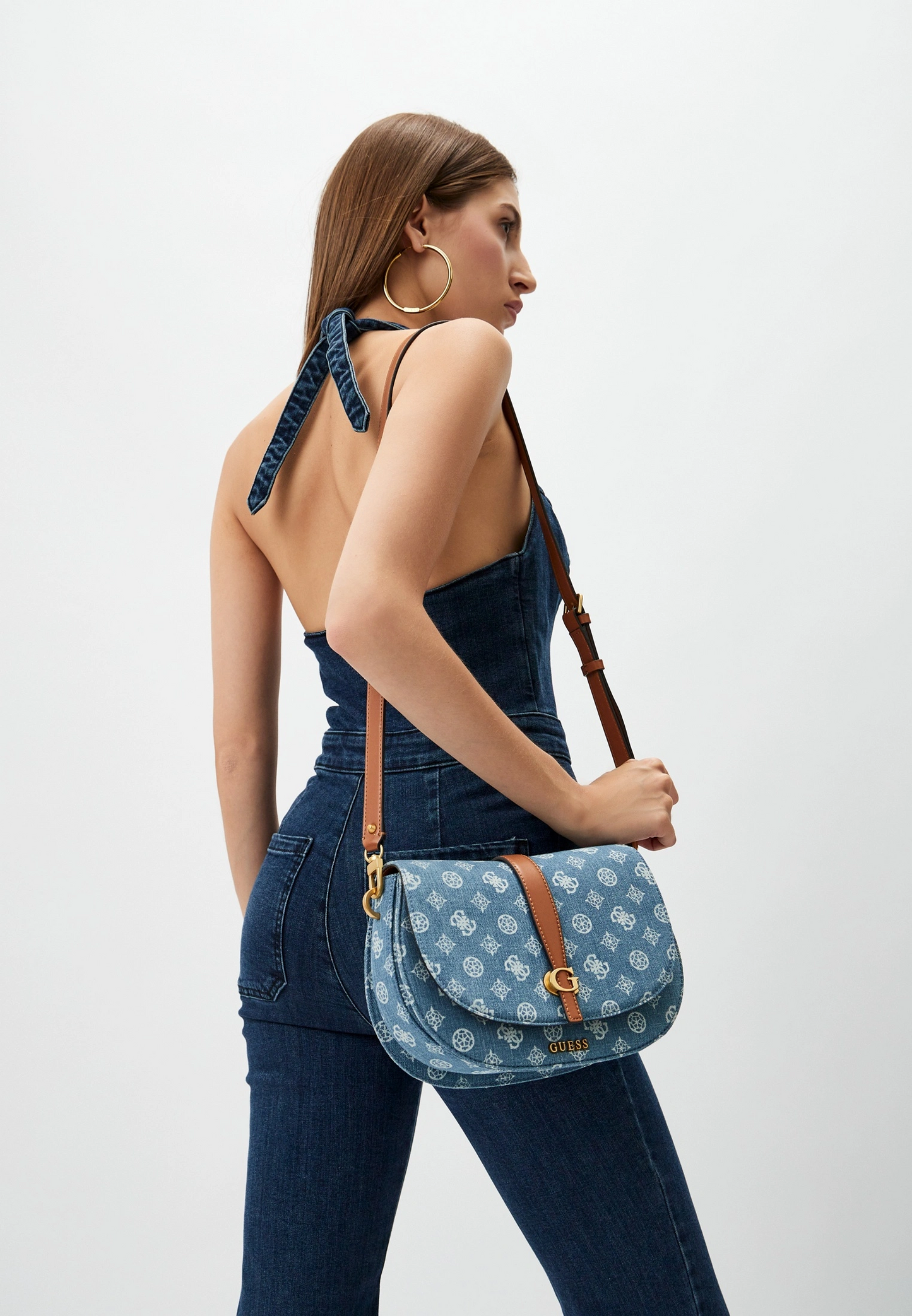 GUESS Denim Shoulder Bag – Blue Quilted Denim with Gold Hardware