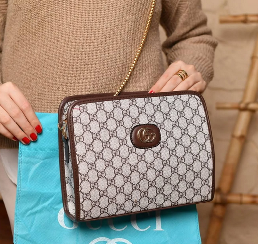 GU Monogram Brown Leather Crossbody Bag
