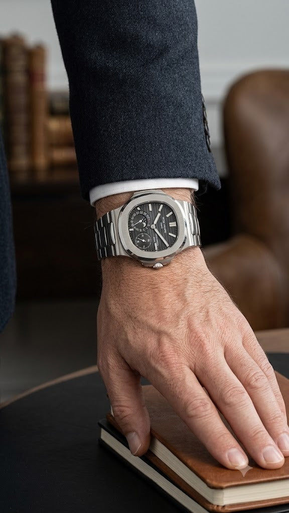 Luxury Nautilus-Style Stainless Steel Watch – Black Dial, Multi-Function Display