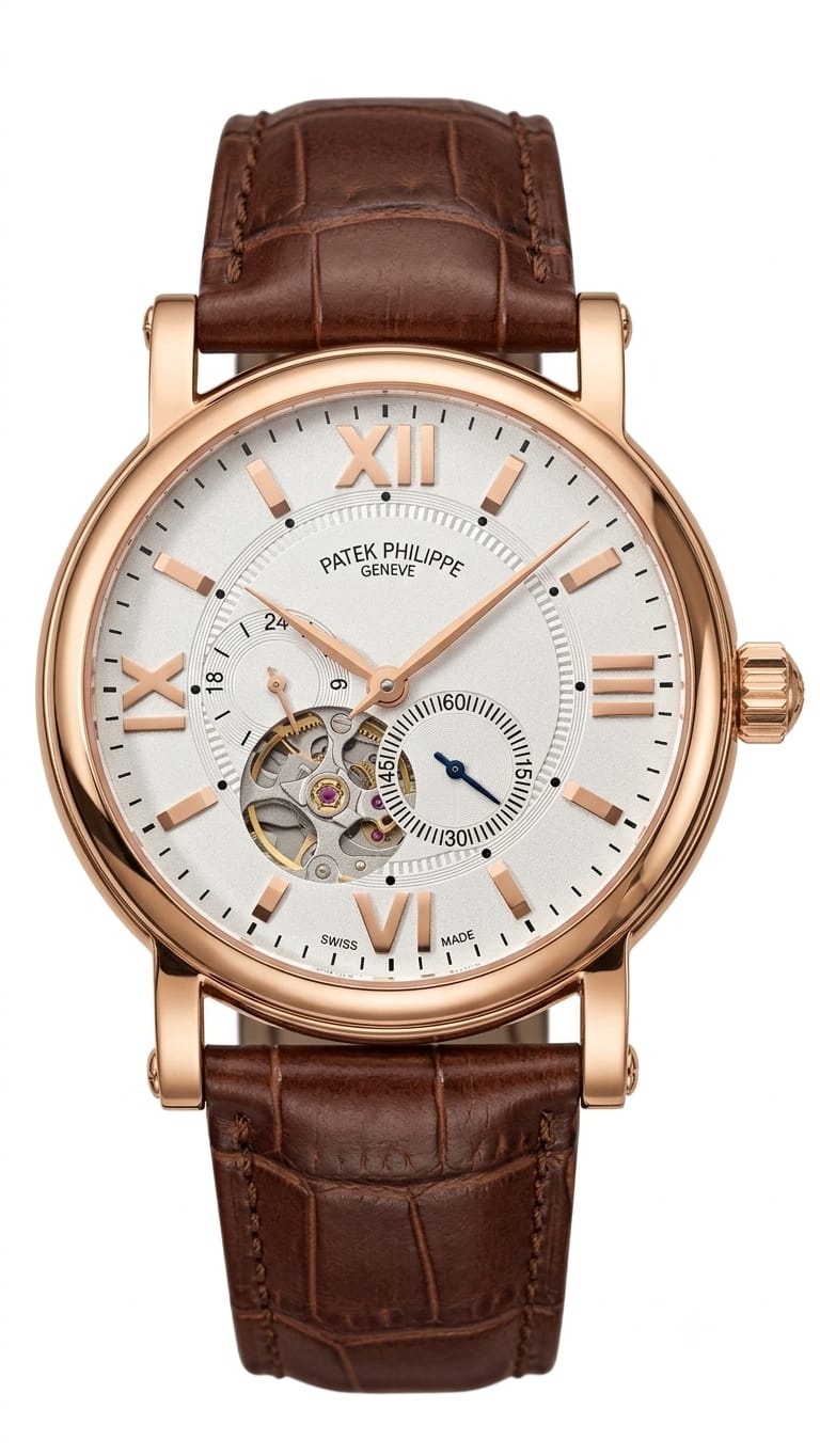 Luxury Classic Automatic Skeleton-Style Watch – White Dial, Rose Gold Case & Brown Leather Strap