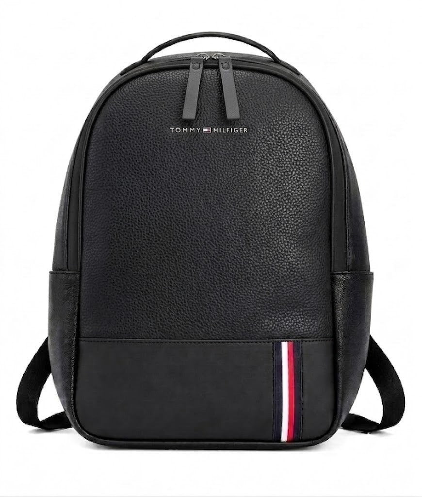 Tommy Hilfiger Black Leather Backpack – Premium Pebble Grain Everyday & Business Backpack#52-100