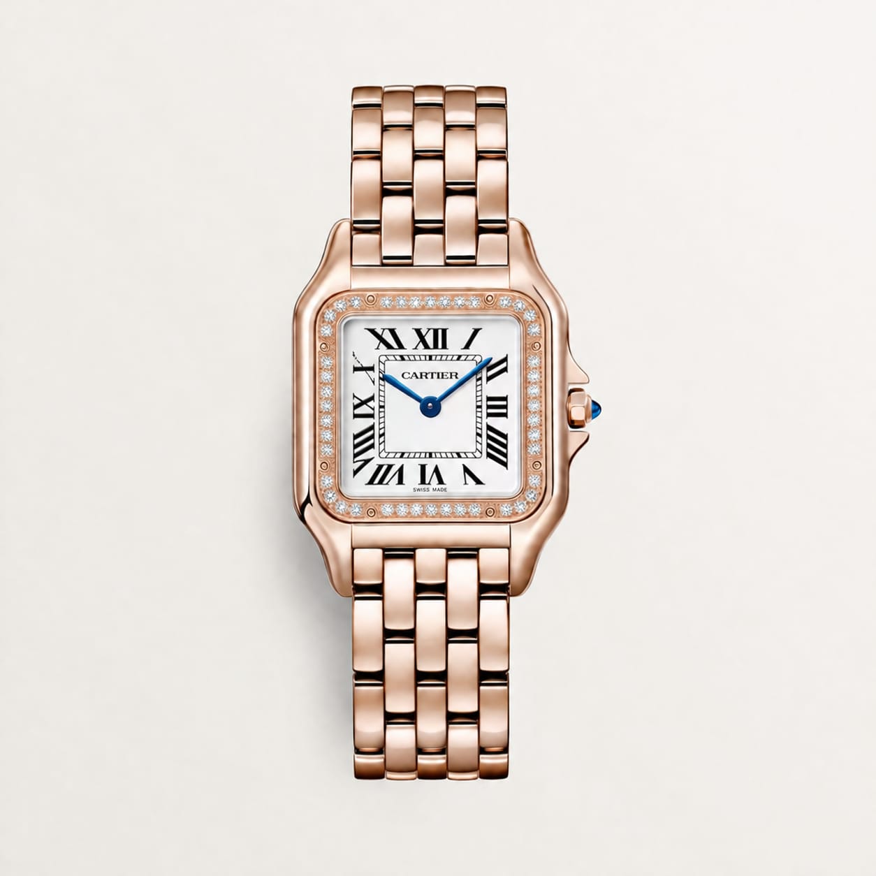 Cartier Panthère-Inspired Women’s Rose Gold-Tone Square Watch with Rhinestone-Set Bezel & White Dial (Medium Case) Dimensions: 36.5 × 26.7 mm