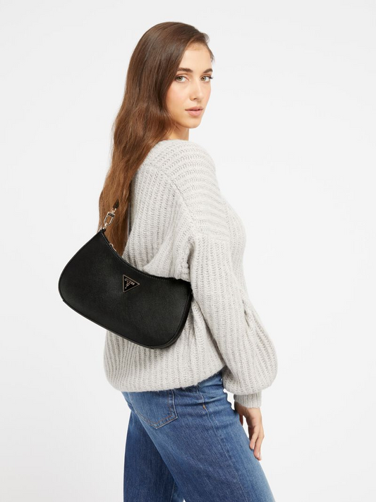 GUESS Noelle Saffiano Shoulder Bag – Black Quilted Faux Leather with Logo Charm