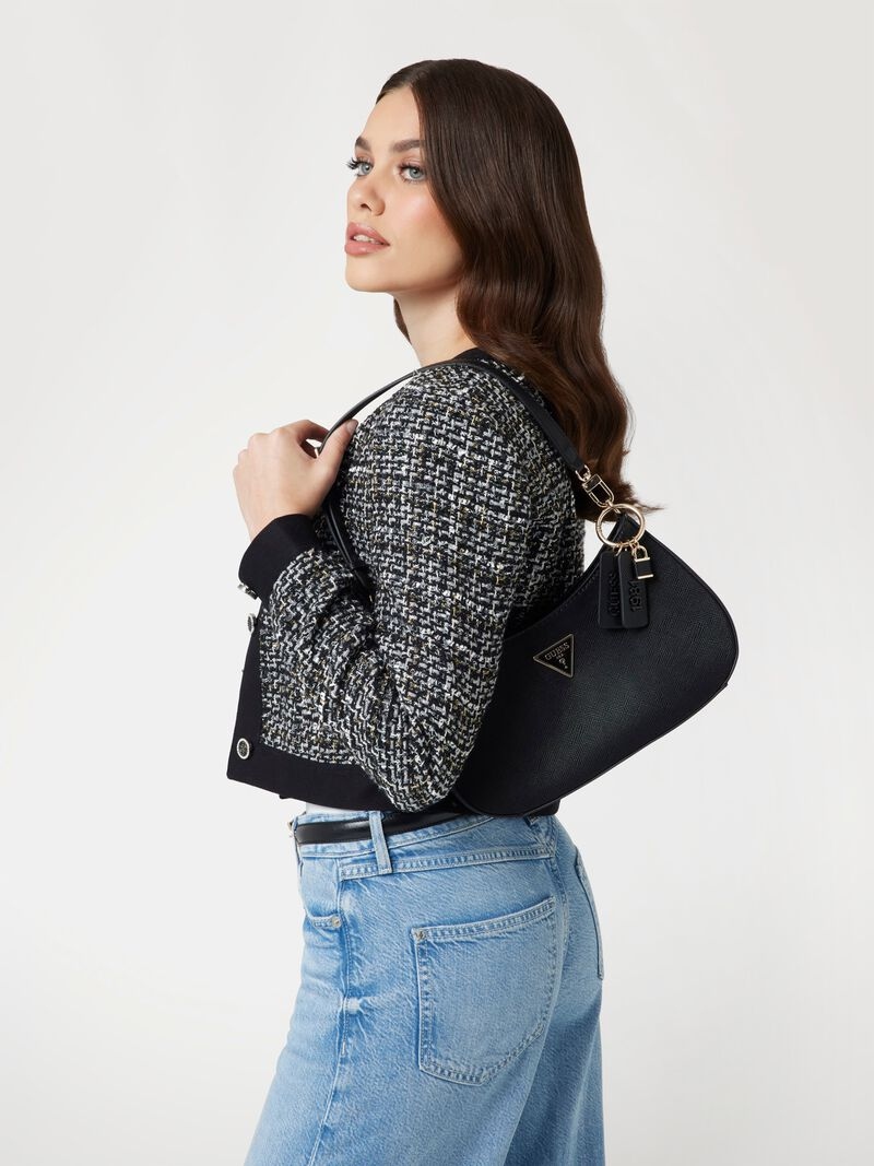 GUESS Noelle Saffiano Shoulder Bag – Black Quilted Faux Leather with Logo Charm