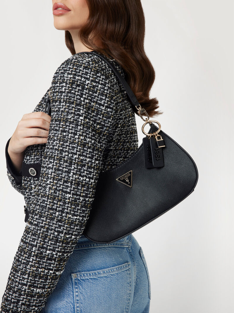 GUESS Noelle Saffiano Shoulder Bag – Black Quilted Faux Leather with Logo Charm