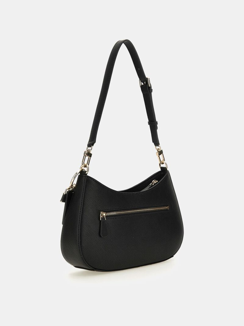 GUESS Noelle Saffiano Shoulder Bag – Black Quilted Faux Leather with Logo Charm