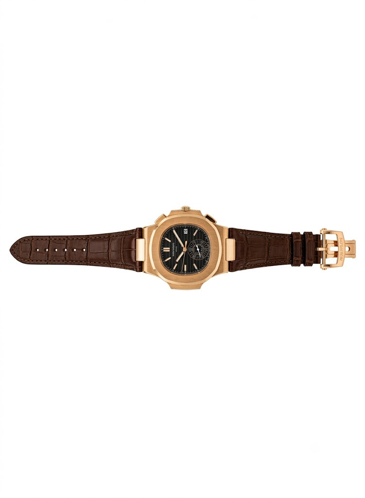 Luxury Nautilus-Style Watch – Black Textured Dial, Rose Gold Case & Brown Leather Strap
