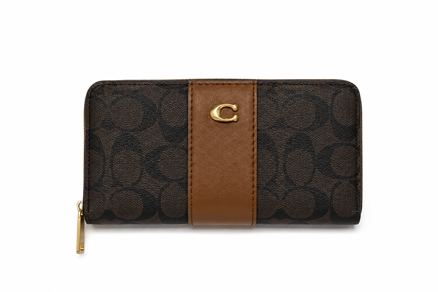 COACH Women's Signature Canvas Zip Around Wallet with Leather Stripe & Gold-Tone Hardware – Brown#04