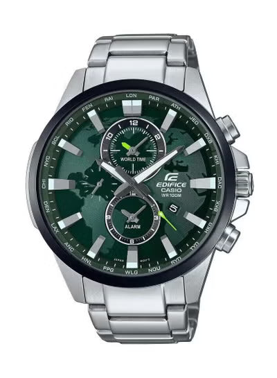 Casio Edifice EFR-303D-1A Men's World Time Watch – Green Dial Stainless Steel Analog Watch for Men, Dual Time, Quartz Movement