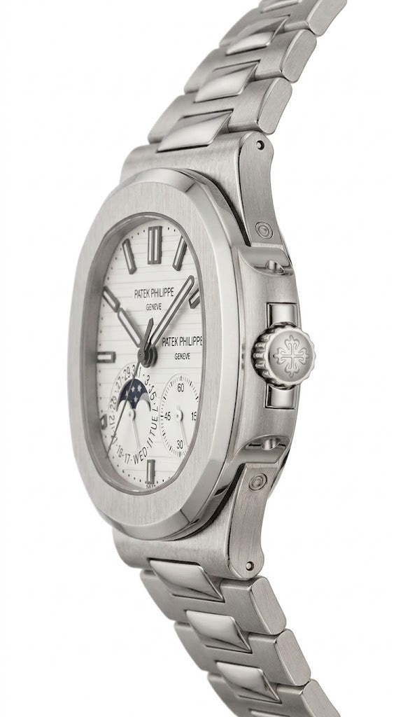 Luxury Nautilus-Style Stainless Steel Watch – White Dial, Multi-Function Display