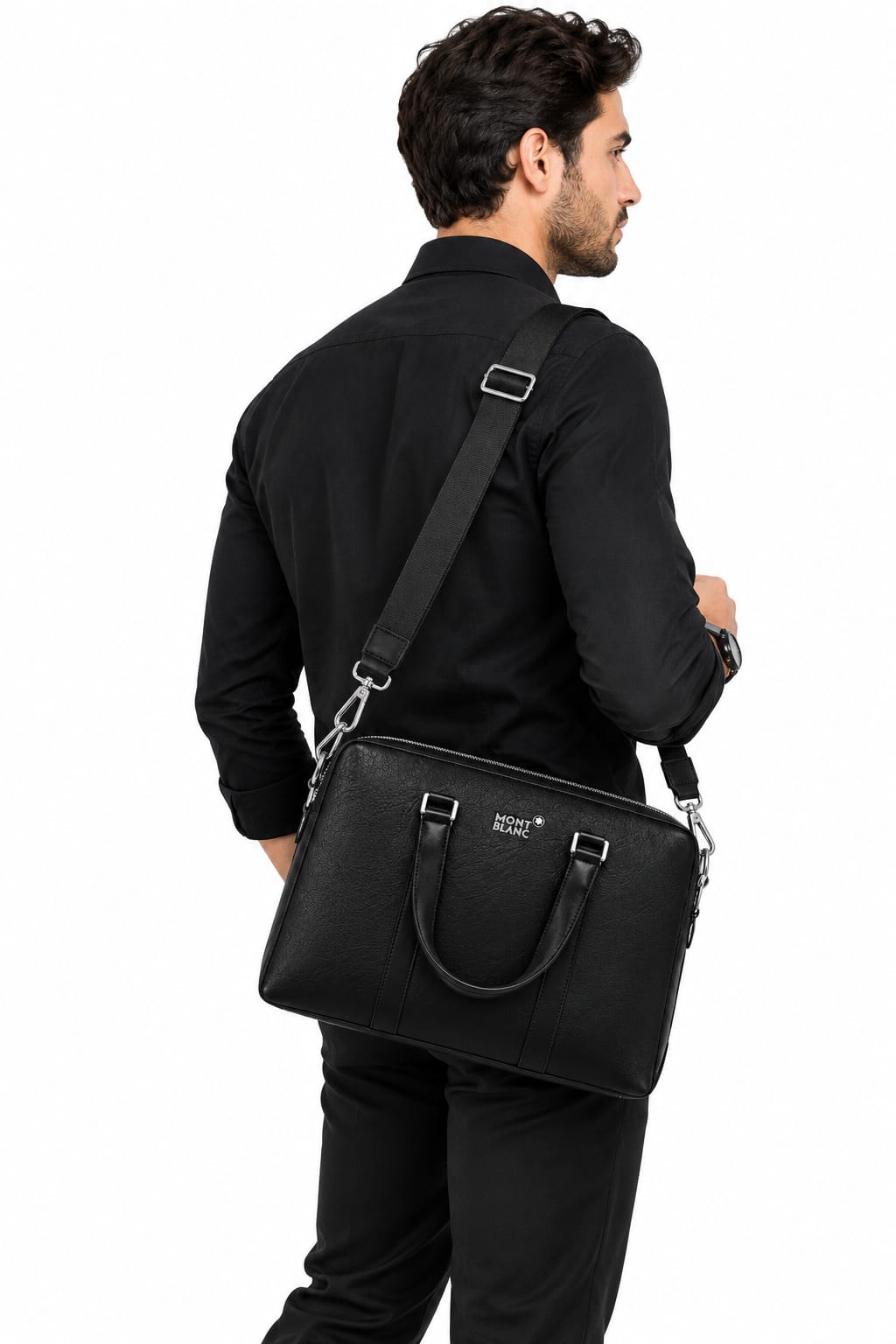 Montblanc Black Laptop Briefcase, Premium Leather Business Bag with Shoulder Strap#0002