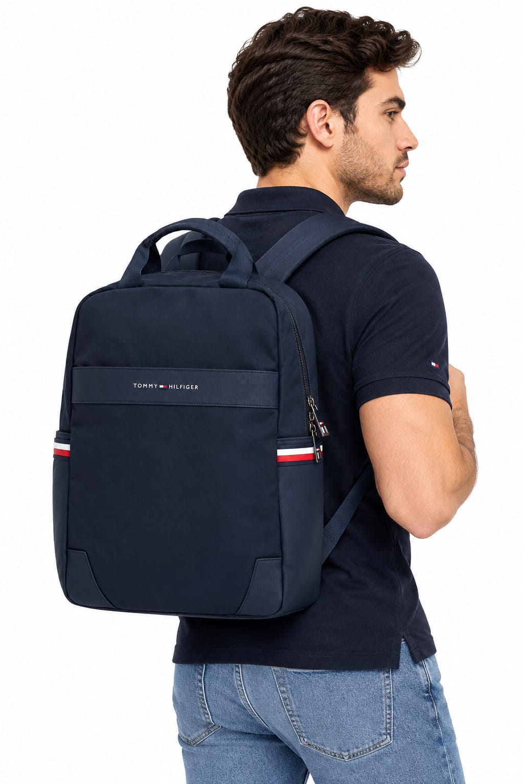 Tommy Hilfiger Men's Navy Blue Backpack with Logo Detail and Adjustable Shoulder Straps#0075