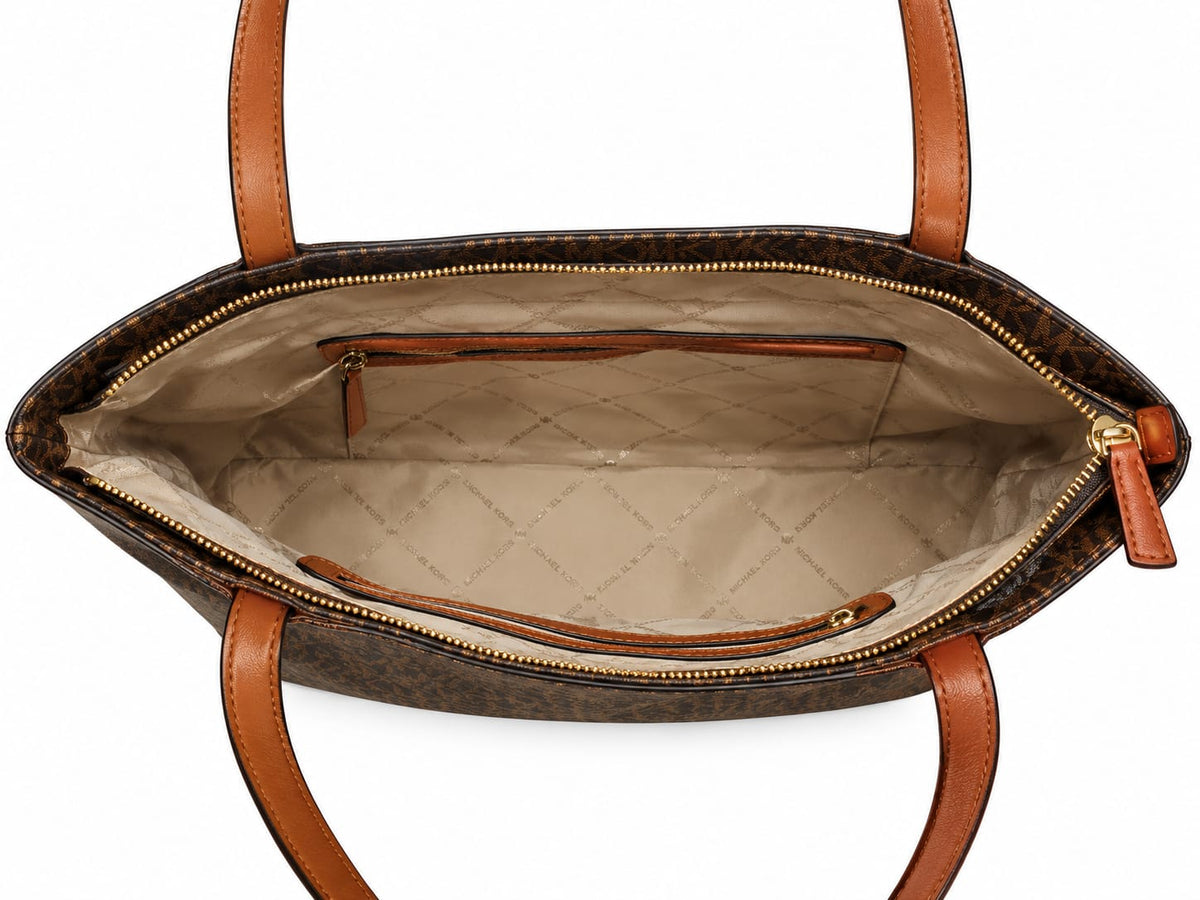 Michael Kors Brown Signature Monogram Large Tote Bag – Tan Leather Trim#0069