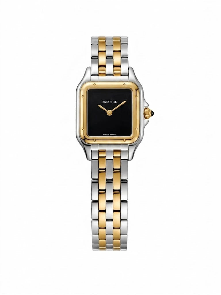 Cartier Panthère-Inspired Women’s Two-Tone Gold & Silver Square Watch with Black Dial (Small Case) Dimensions: 25.1 × 18.5 mm