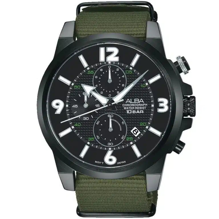 Alba AM3369X1 Men’s Analog Watch – Black Dial, Green Fiber Strap, Quartz Movement, 45mm, 100M Water Resistant