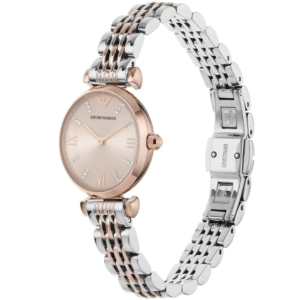 Emporio Armani Gianni T-Bar AR11223 Women’s Watch – Pink Dial Two-Tone Stainless Steel Elegant Fashion Watch