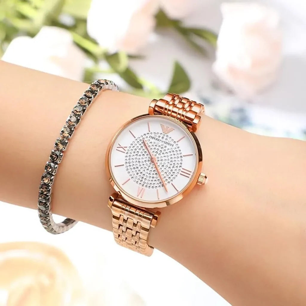 Emporio Armani Gianni T-Bar AR11244 Women’s Watch – White Dial Rose Gold Stainless Steel Elegant Fashion Watch