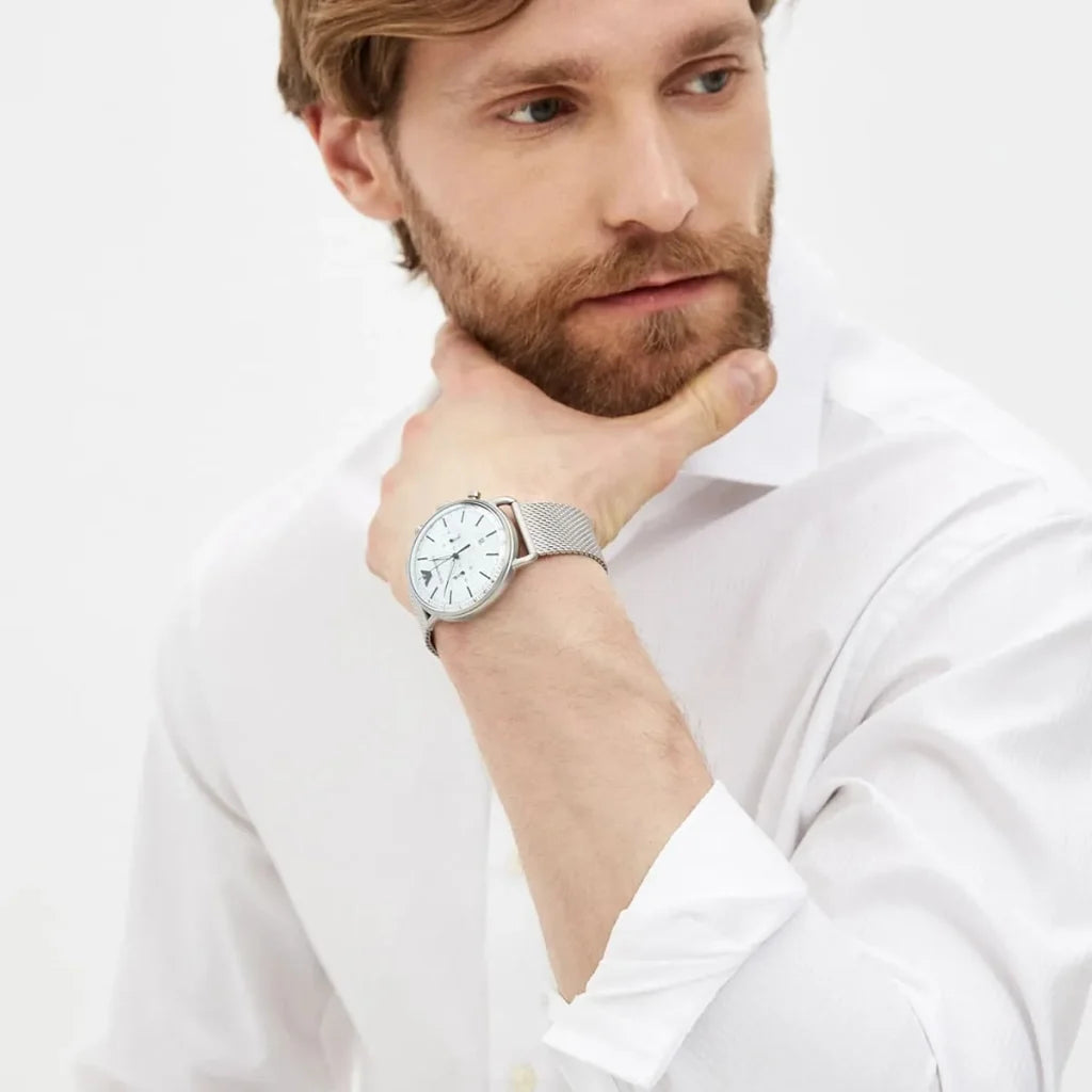 Emporio Armani Aviator AR11288 Men’s Watch – Silver Dial Stainless Steel Elegant Pilot Style Fashion Watch